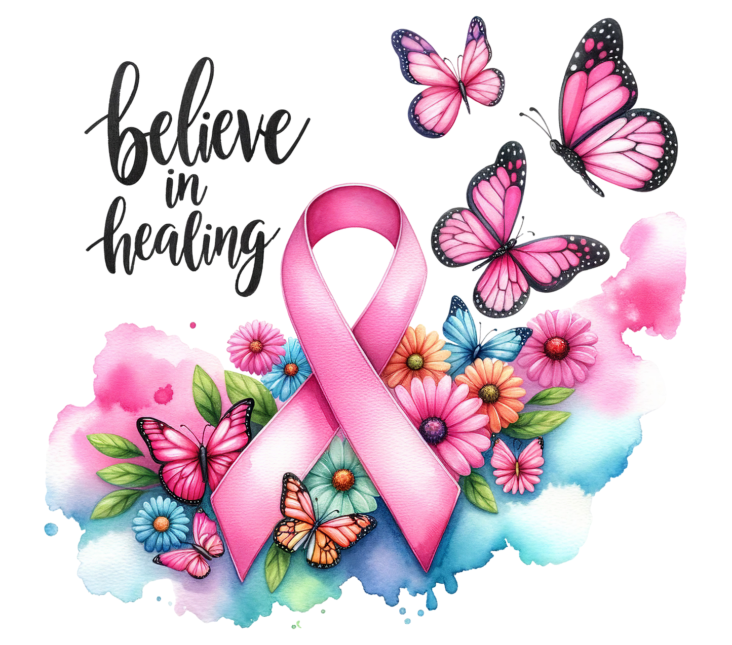 “Believe in Healing” Floral Breast Cancer Awareness Art Print